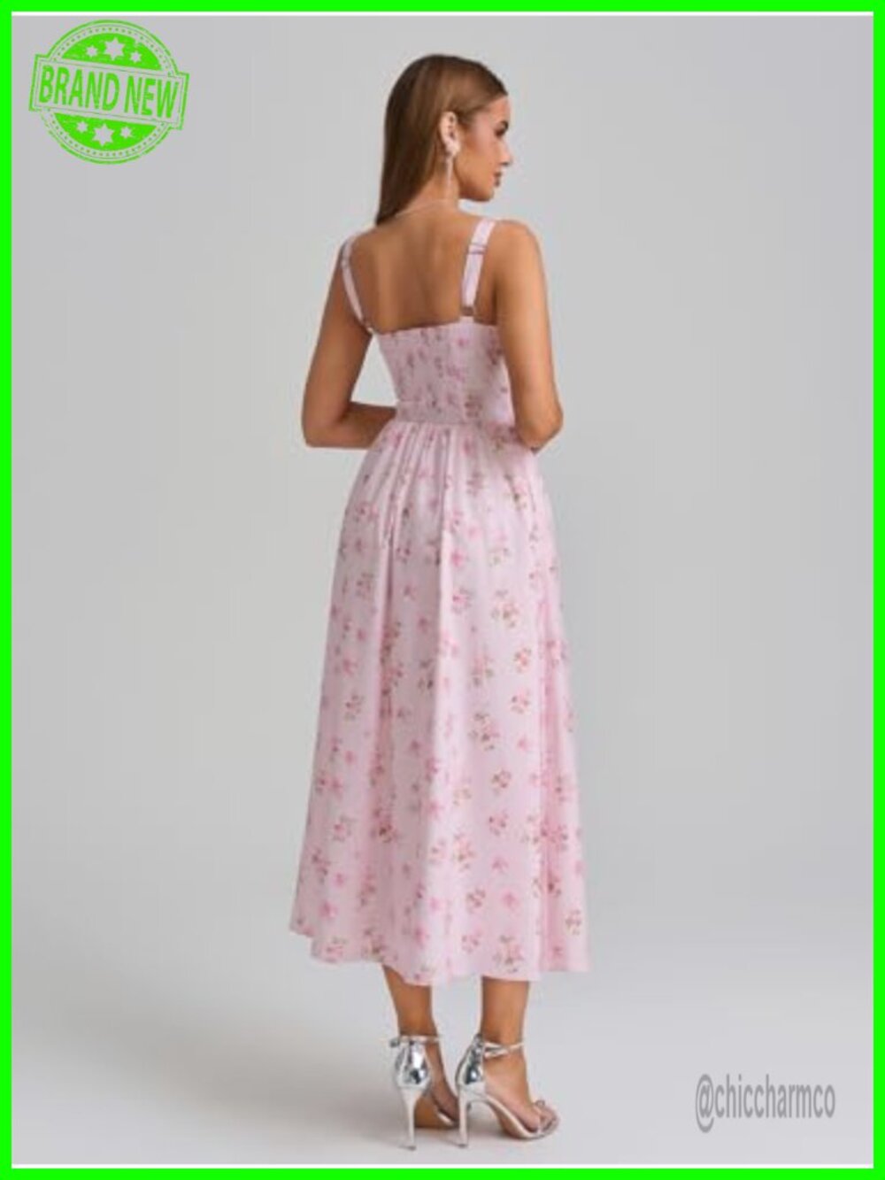 Floral Corset Midi Dress with Pockets Flowy Square Neck Smocked A-Line Summer - Picture 3 of 7